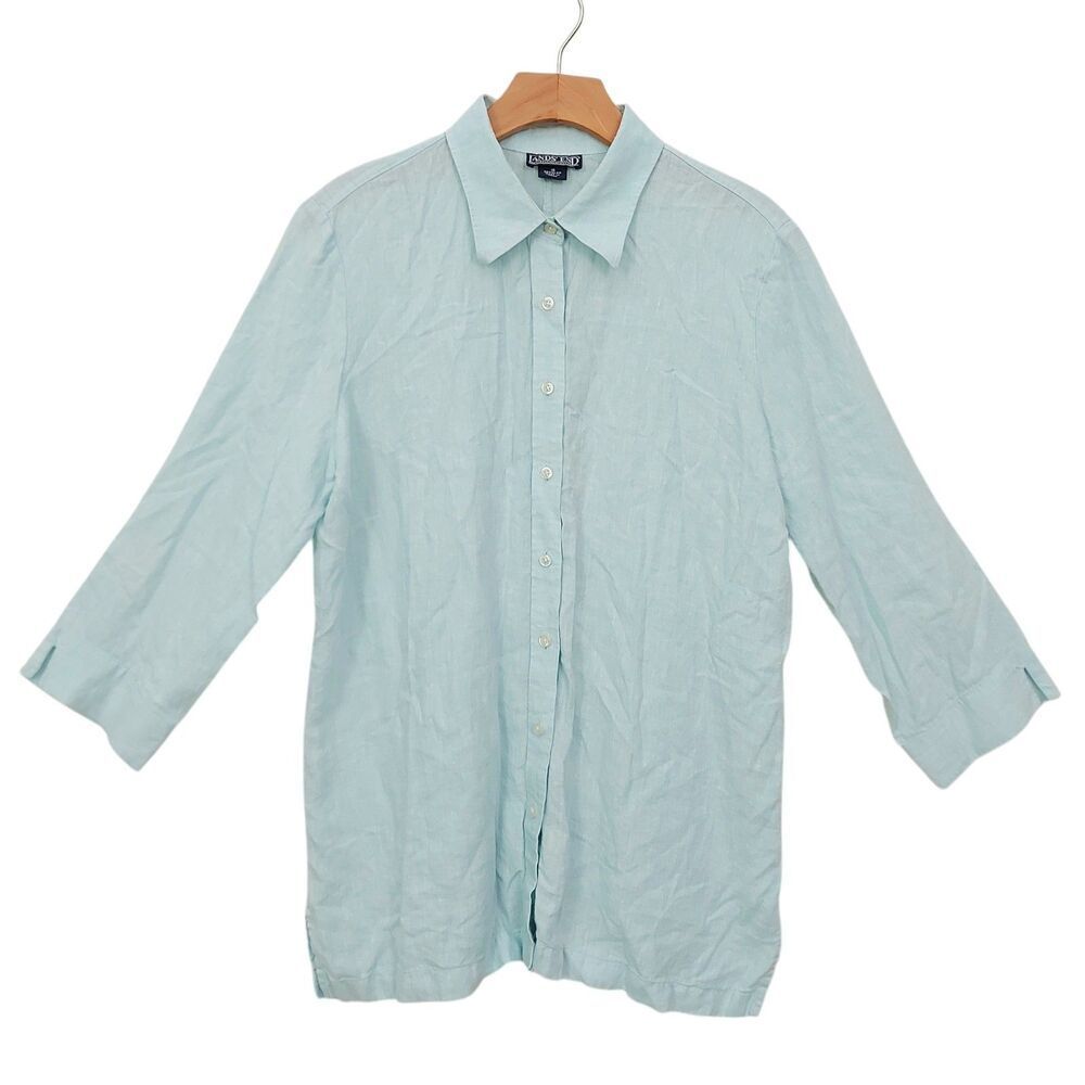 Lands End Linen Shirt Womens 16 Green 3/4 Sleeve Button Up Bohemian Coastal